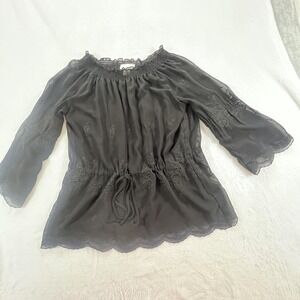 Vintage Kenar Womens Y2K Boho Sheer Tunic Top Sz M Embroidered Whimsigoth Black